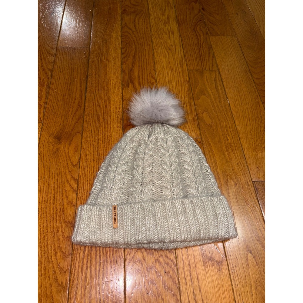 Turtle Fur Oatmeal Cable Knit‎ Fleece Lined Faux Pom Beanie Hat Grey Mens Womens